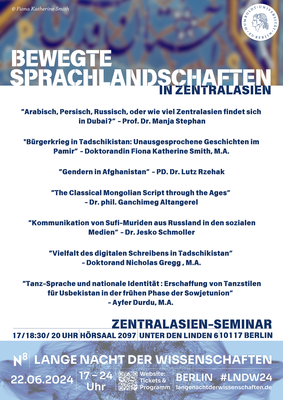 Plakat zur Vortragsreihe des Zentralasien-Seminars bei der Langen Nacht der Wissenschaften (LNdW) "Bewegte Sprachwelten in Zentralasien"